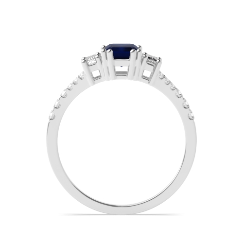 4 Prong Emerald Split Shoulder Blue Sapphire Three Stone Diamond Ring