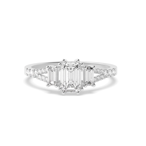 4 Prong Emerald Split Shoulder Three Stone Engagement Ring