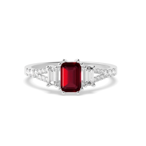 4 Prong Emerald Split Shoulder Ruby Three Stone Diamond Ring