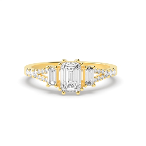4 Prong Emerald Yellow Gold Three Stone Diamond Ring