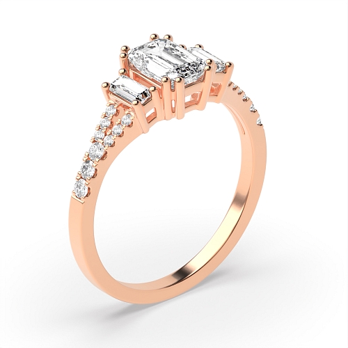 Emerald Rose Gold Split shoulder Trilogy Engagement Rings