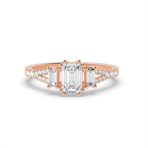 Emerald Rose Gold Split shoulder Trilogy Engagement Rings