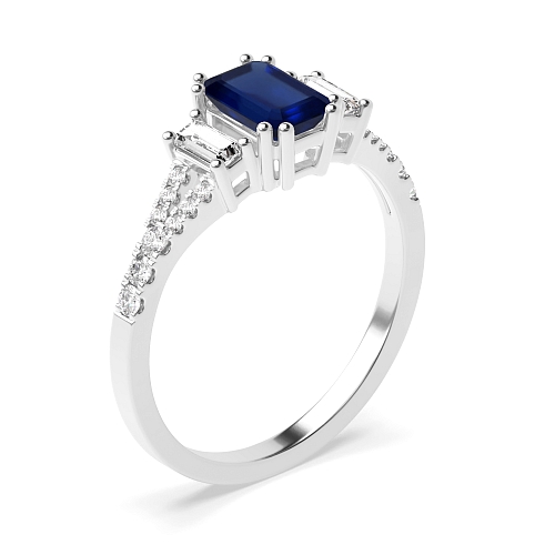 4 Prong Emerald Split Shoulder Blue Sapphire Three Stone Diamond Ring