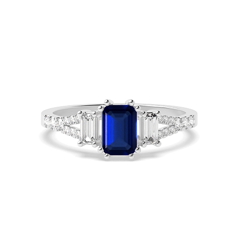 4 Prong Emerald Split Shoulder Blue Sapphire Three Stone Diamond Ring