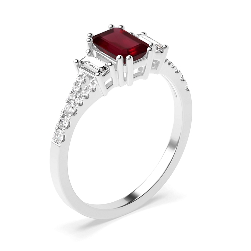 4 Prong Emerald Split Shoulder Ruby Three Stone Diamond Ring