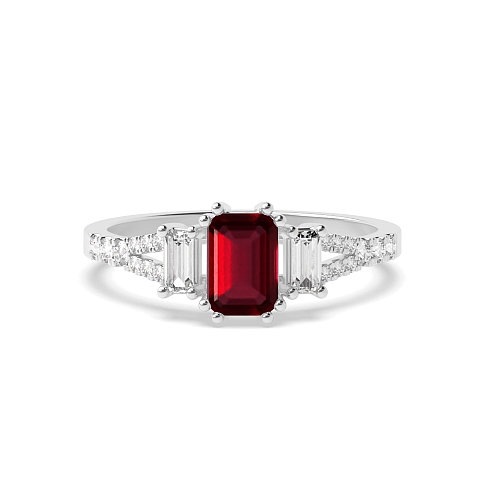 4 Prong Emerald Split Shoulder Ruby Three Stone Diamond Ring