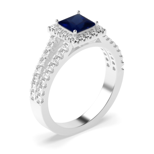 4 Prong Princess Split shank pave set Blue Sapphire Engagement Rings