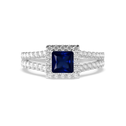 4 Prong Princess Split shank pave set Blue Sapphire Engagement Rings