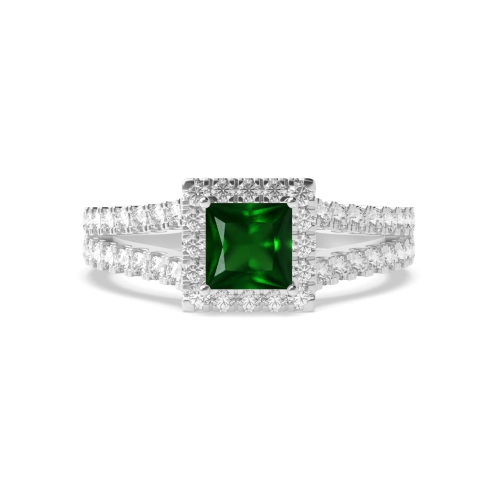 4 Prong Princess Split shank pave set Emerald Halo Engagement Rings