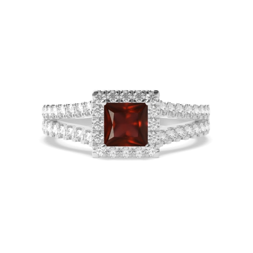 4 Prong Princess Split shank pave set Garnet Halo Engagement Rings