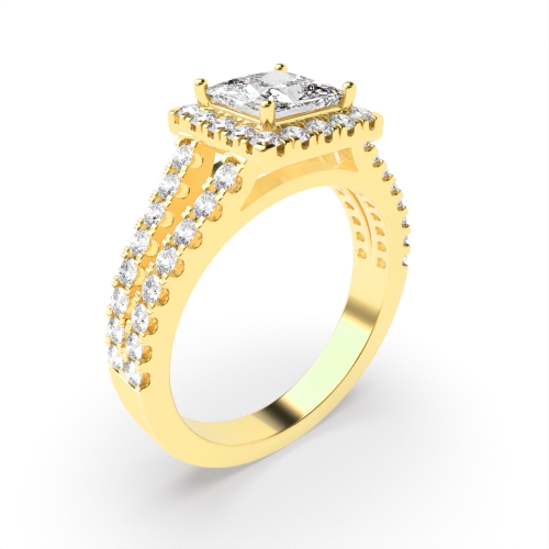 4 Prong Princess Yellow Gold Split shank pave set Engagement Rings