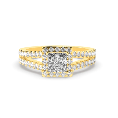 4 Prong Princess Yellow Gold Split shank pave set Engagement Rings