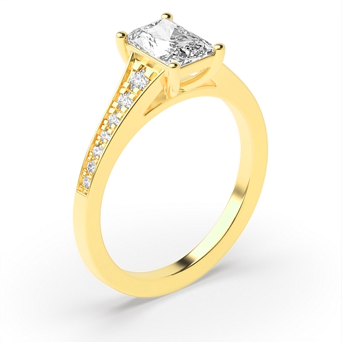 4 Prong Radiant Yellow Gold tapering Up Shoulder Engagement Rings