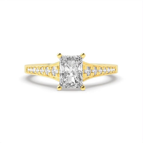 4 Prong Radiant Yellow Gold tapering Up Shoulder Engagement Rings