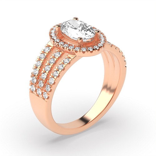 4 Prong Oval Rose Gold Three row Halo Engagement Rings