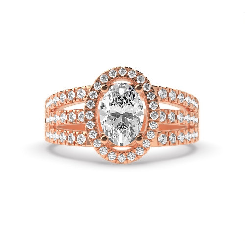 4 Prong Oval Rose Gold Three row Halo Engagement Rings