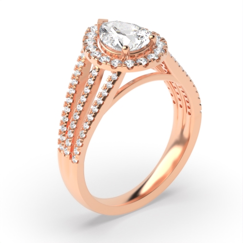 4 Prong Setting Pear Shape 3 Row Shoulder Halo Diamond Engagement Rings