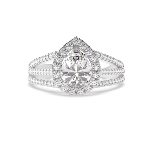 Prong Pear Three Row Lab Grown Diamond Halo Engagement Ring