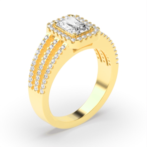 4 Prong Setting Radiant Shape 3 Row Shoulder Halo Diamond Engagement Rings