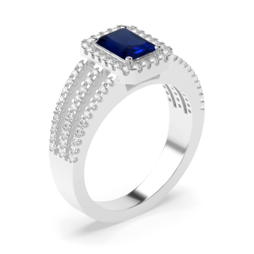 4 Prong Radiant Three row Blue Sapphire Engagement Rings
