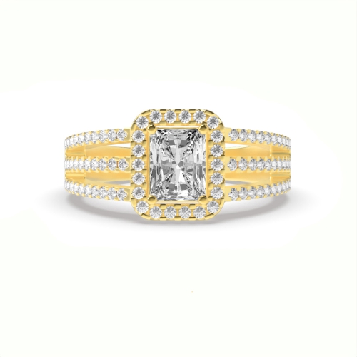 4 Prong Radiant Yellow Gold Three row Engagement Rings