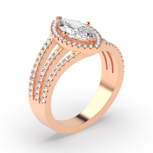 4 Prong Marquise Rose Gold Three row Halo Engagement Rings