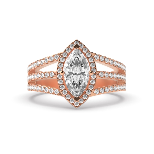 4 Prong Marquise Rose Gold Three row Halo Engagement Rings