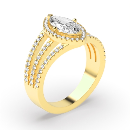 4 Prong Marquise Yellow Gold Three row Engagement Rings