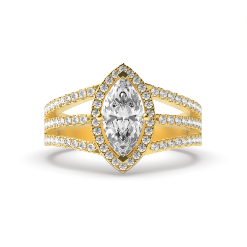 4 Prong Marquise Yellow Gold Three row Engagement Rings