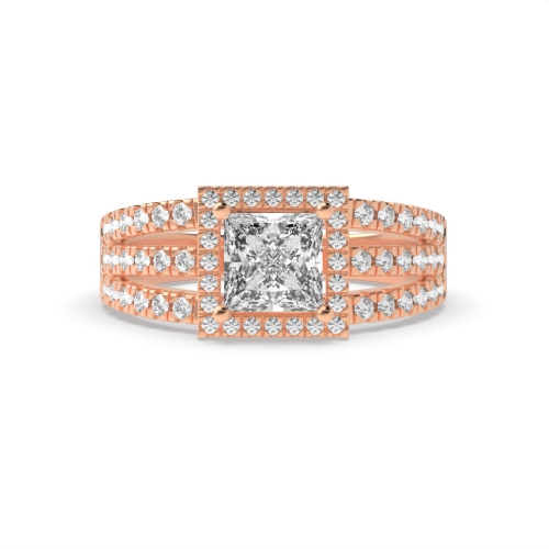 4 Prong Princess Rose Gold Three row Engagement Rings