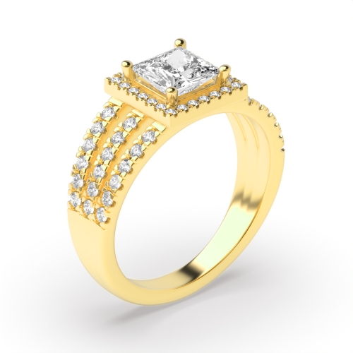 4 Prong Princess Yellow Gold Three row Engagement Rings