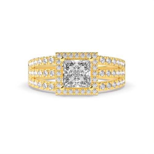 4 Prong Princess Yellow Gold Three row Engagement Rings