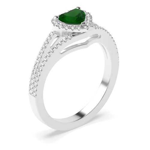Prong Heart 2 row delicate shoulder Emerald Halo Engagement Rings