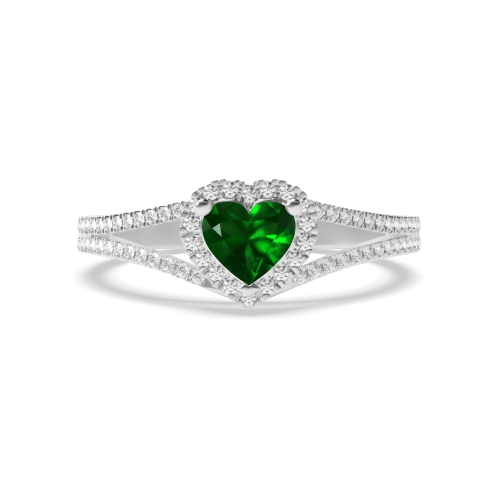 Prong Heart 2 row delicate shoulder Emerald Halo Engagement Rings