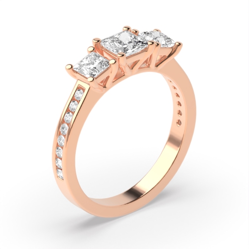 4 Prong Princess Rose Gold Three Stone Engagement Rings