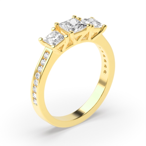 4 Prong Princess Yellow Gold Three Stone Engagement Rings
