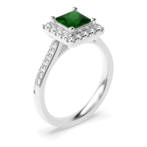 4 Prong Princess Shoulder set Emerald Halo Engagement Rings