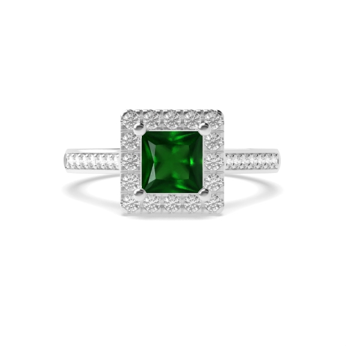 4 Prong Princess Shoulder set Emerald Halo Engagement Rings
