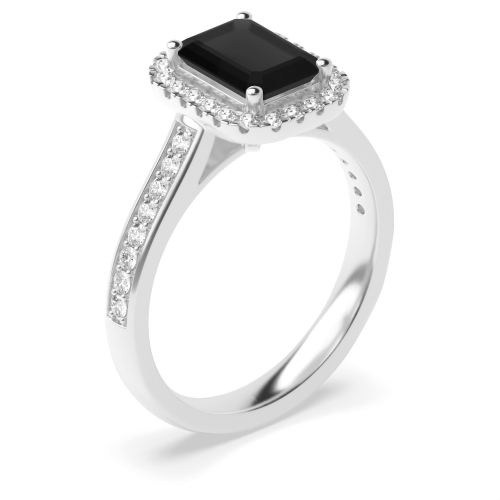 Emerald Diamond Halo Engagement Ring 4 Prong Set With Side Stones