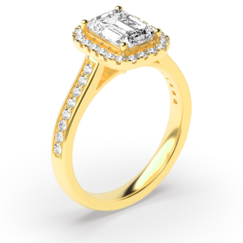 Emerald Diamond Halo Engagement Ring 4 Prong Set With Side Stones