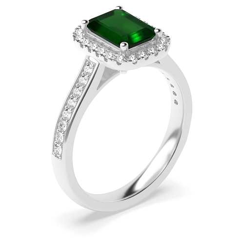 Shoulder set Emerald Halo Engagement Rings