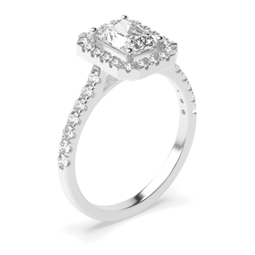 4 Prong Set Round Diamond Halo Engagement Ring With Side Stones
