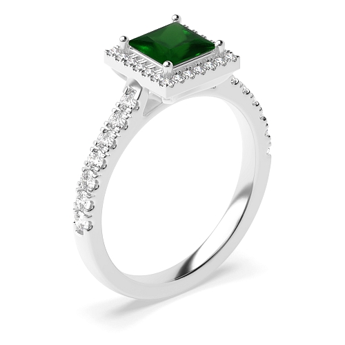 Princess High set accented stone Emerald Halo Engagement Rings