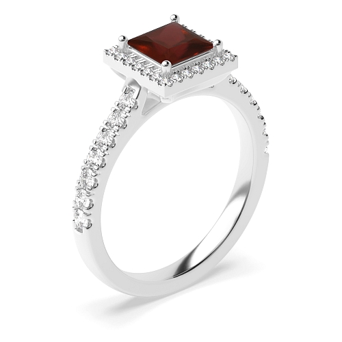 Princess High set accented stone Garnet Halo Engagement Rings