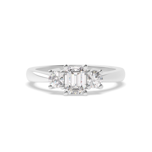 4 Prong Emerald and round Three Stone Diamond Ring
