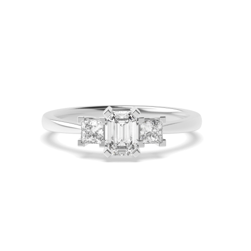 4 Prong Emerald with Princess on side Three Stone Diamond Ring