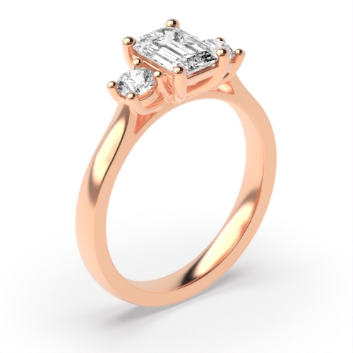 4 Prong Emerald Rose Gold With round Trilogy Engagement Rings