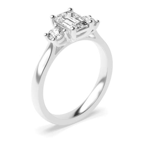 4 Prong Emerald With round Naturally Mined Diamond Trilogy Engagement Rings