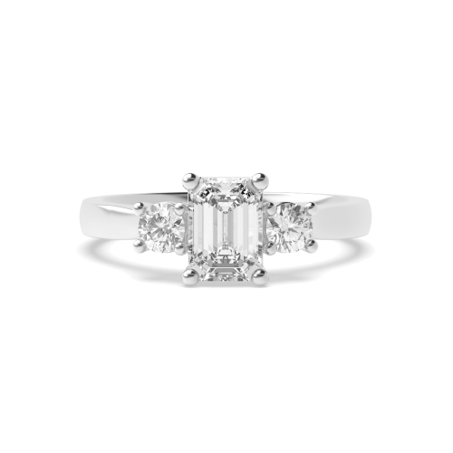 4 Prong Emerald With round Naturally Mined Diamond Trilogy Engagement Rings