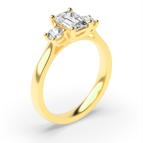 4 Prong Emerald Yellow Gold With round Trilogy Engagement Rings
